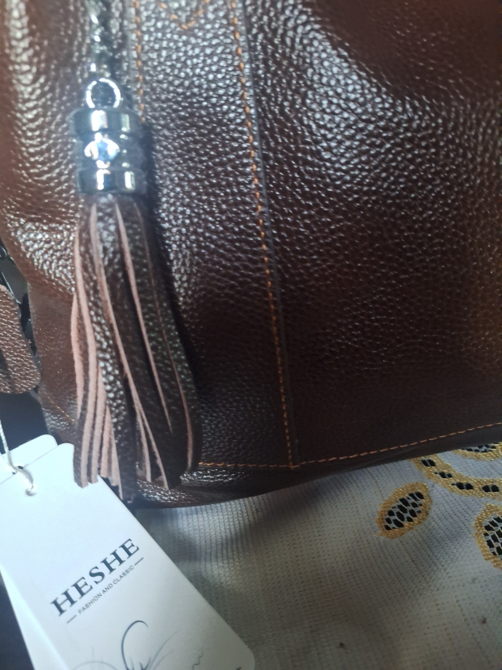 Heshe Genuine Leather Brown Unisex Handbag With Top Straps Also Detachable Strap - Picture 4 of 16
